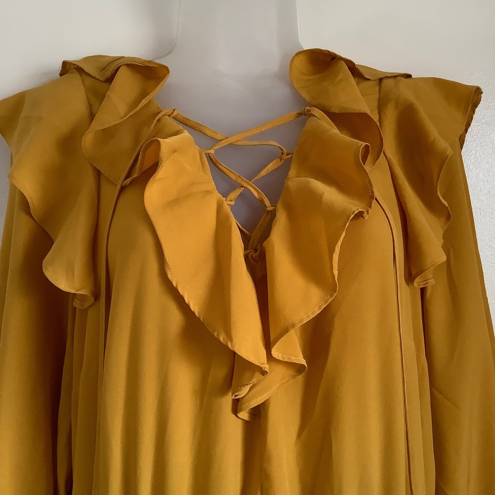 Eloquii Mustard Yellow Ruffle Lace Up High Low Maxi Dress Womens Size 14 Boho - Picture 2 of 16